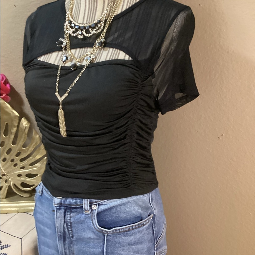 CIDER Elegant Black Ruched Mesh Top - Picture 3 of 9